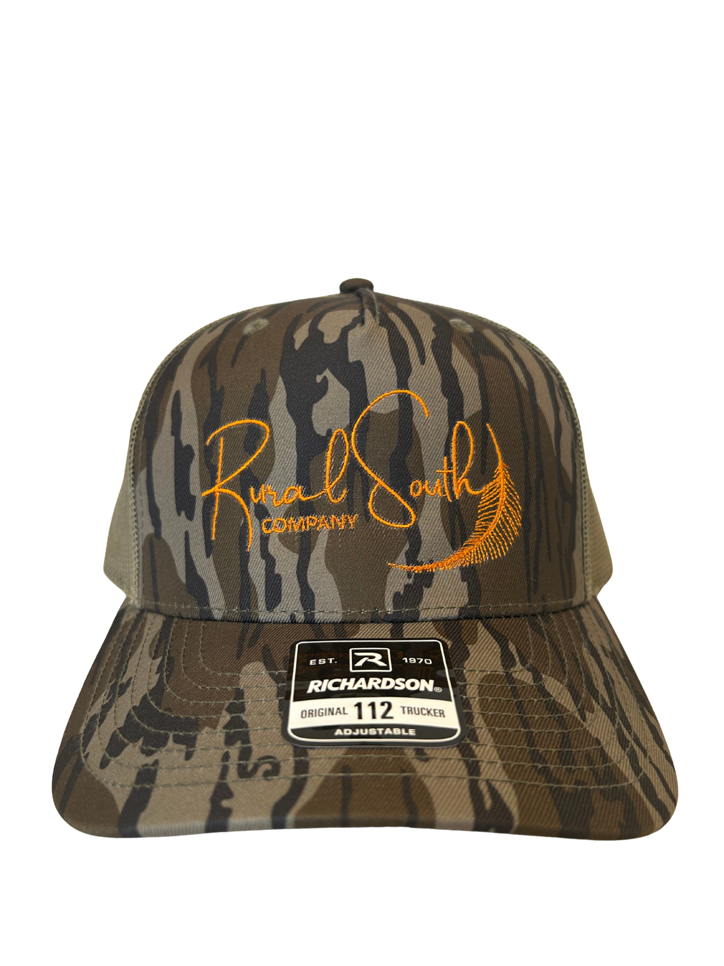 Rural South Company – Bottomlands Camo Trucker Hat (Orange Logo)
