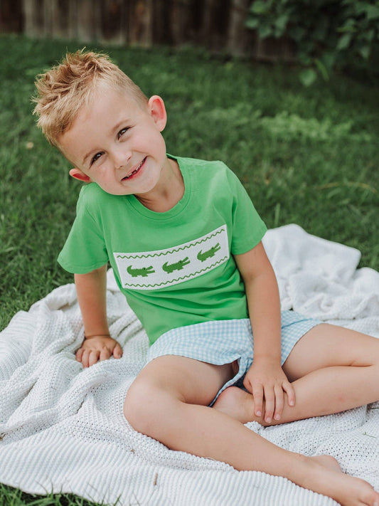 Toddler Boys Summer Gator Embroidered Plaid Shorts Set