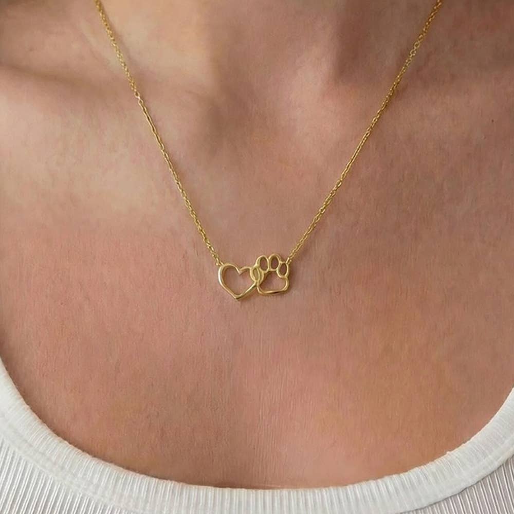 Gold Dipped Dog Paw Heart Cutout Pendant Necklace