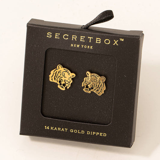 Secret Box Gold Dipped Tiger Head Stud Earrings
