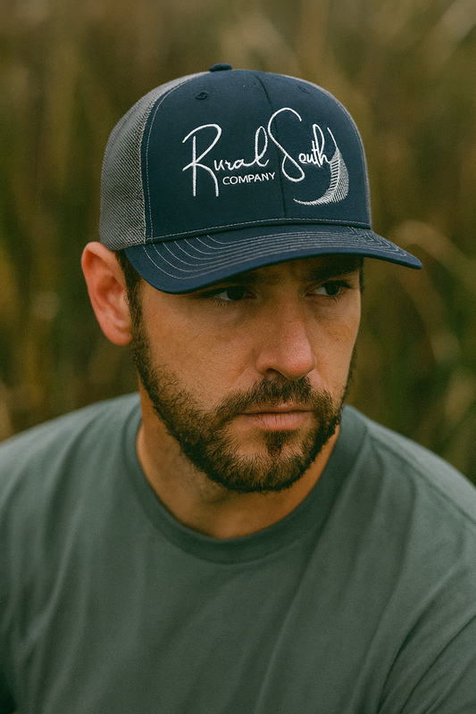 Rural South Company – Navy /Caramel Trucker Hat (Silver Logo)